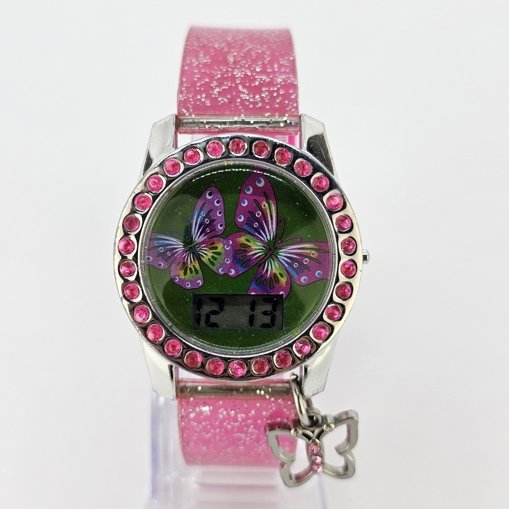 Butterfly Girls Green Digital Watch 34MM Pink Glitter Plastic Bands NEW Battery